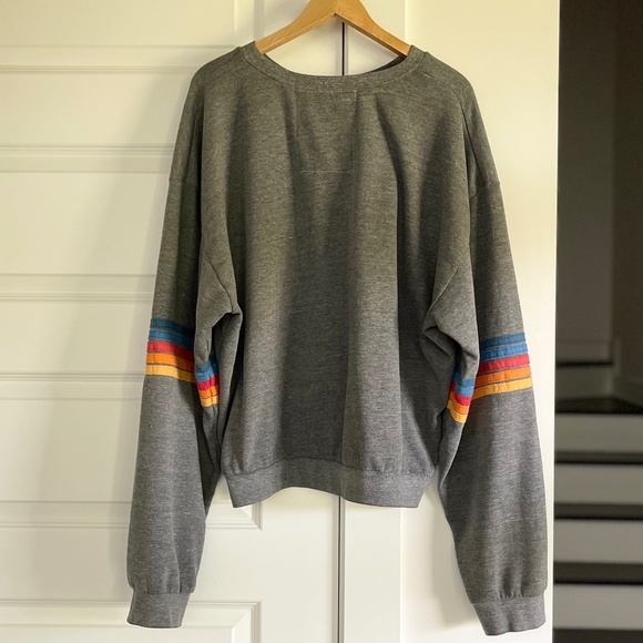 AVIATOR NATION RAINBOW STITCH SLEEVE RELAXED CREW SWEATSHIRT, HEATHER GREY ~ XL - Picture 4 of 7
